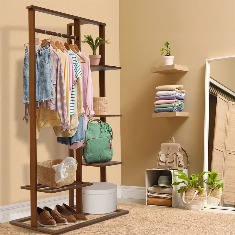 Porte Manteau Bois Foncé avec étagères