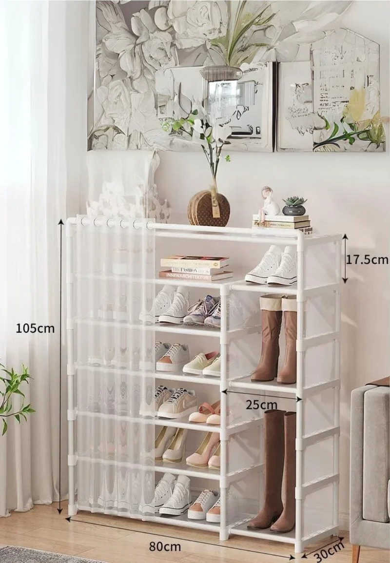 Meuble porte manteau chaussure à cases et rideaux Blanc