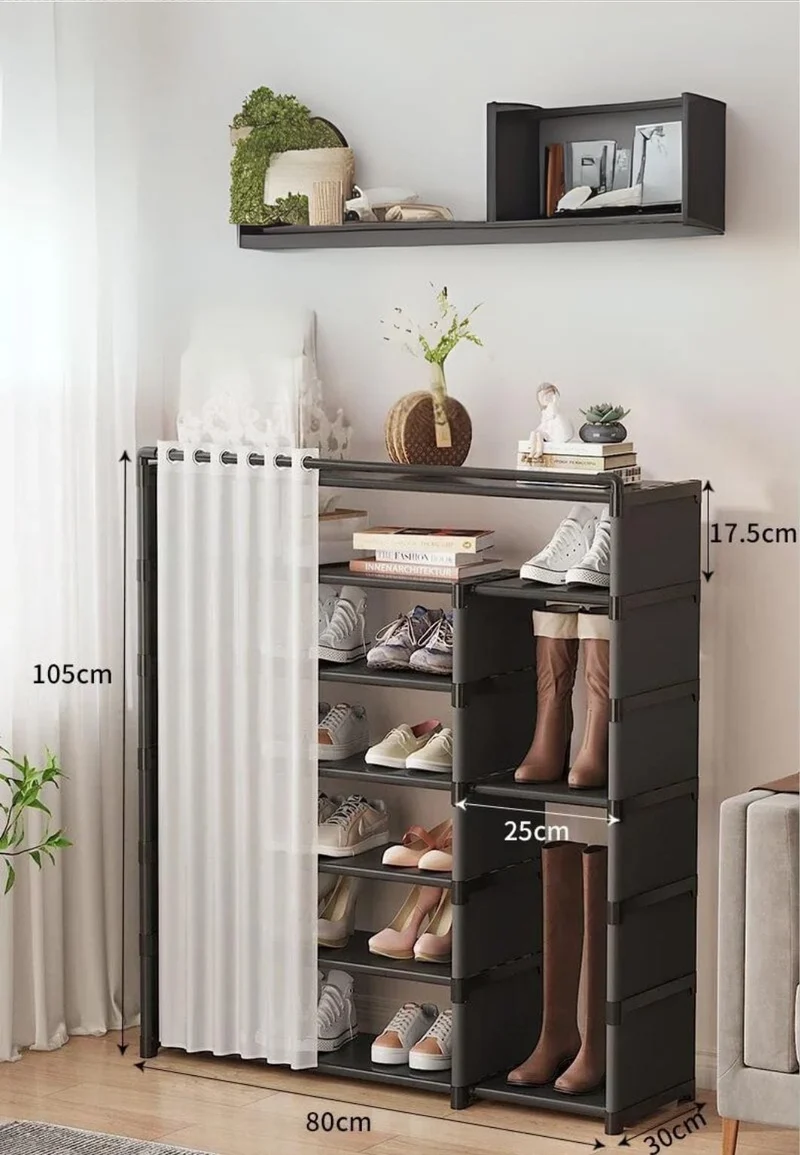 Meuble porte manteau chaussure à cases et rideaux Noir