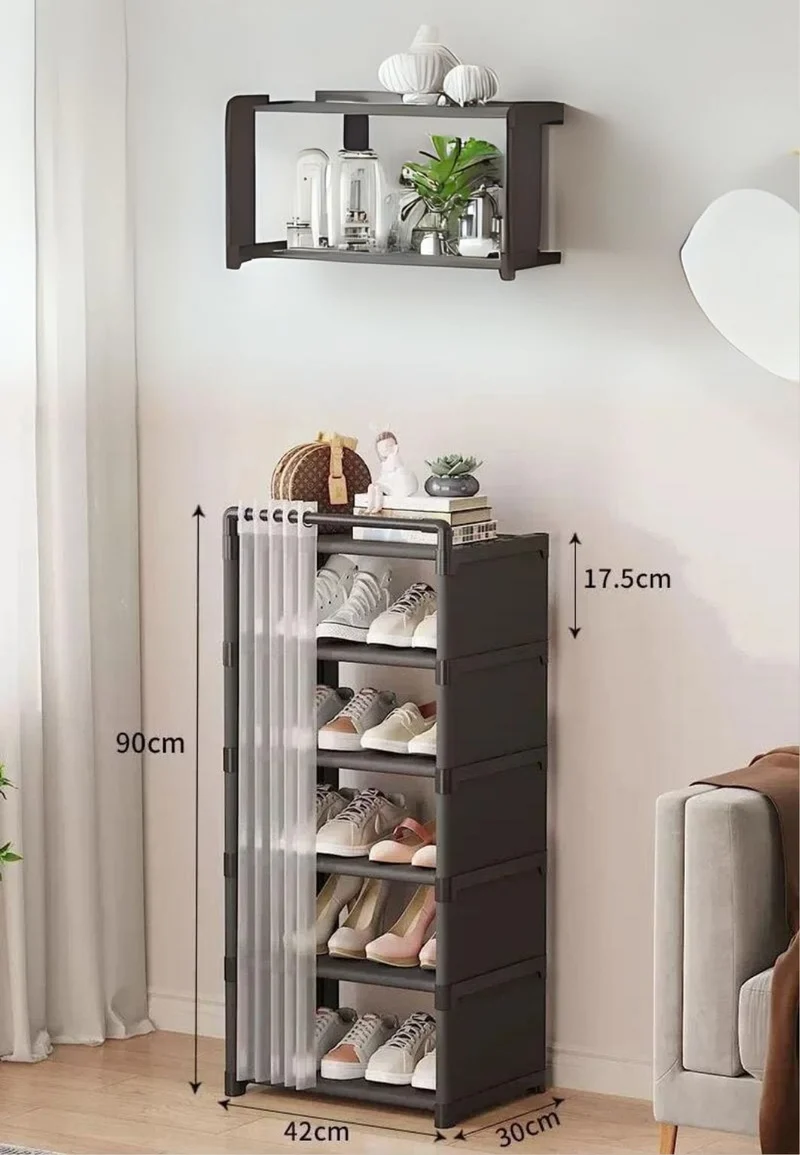 Meuble porte manteau chaussure à rideaux Noir