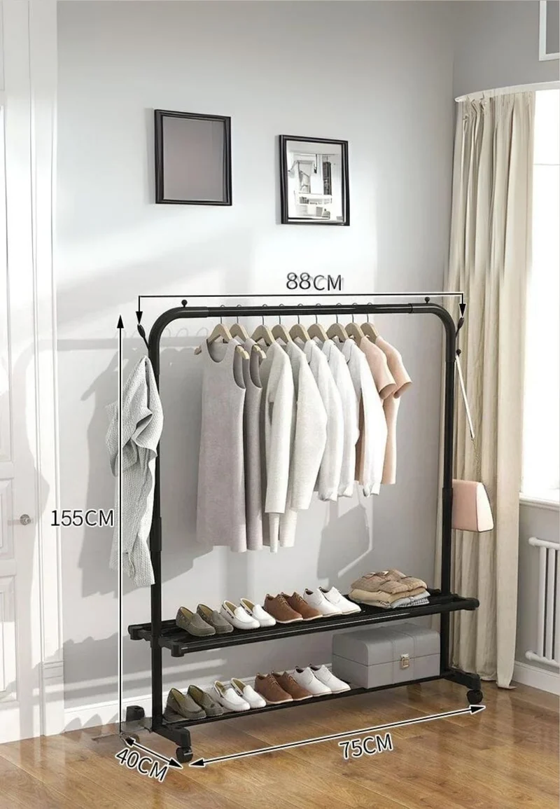 Meuble porte manteau chaussure simple tringle double étagère sur roulette