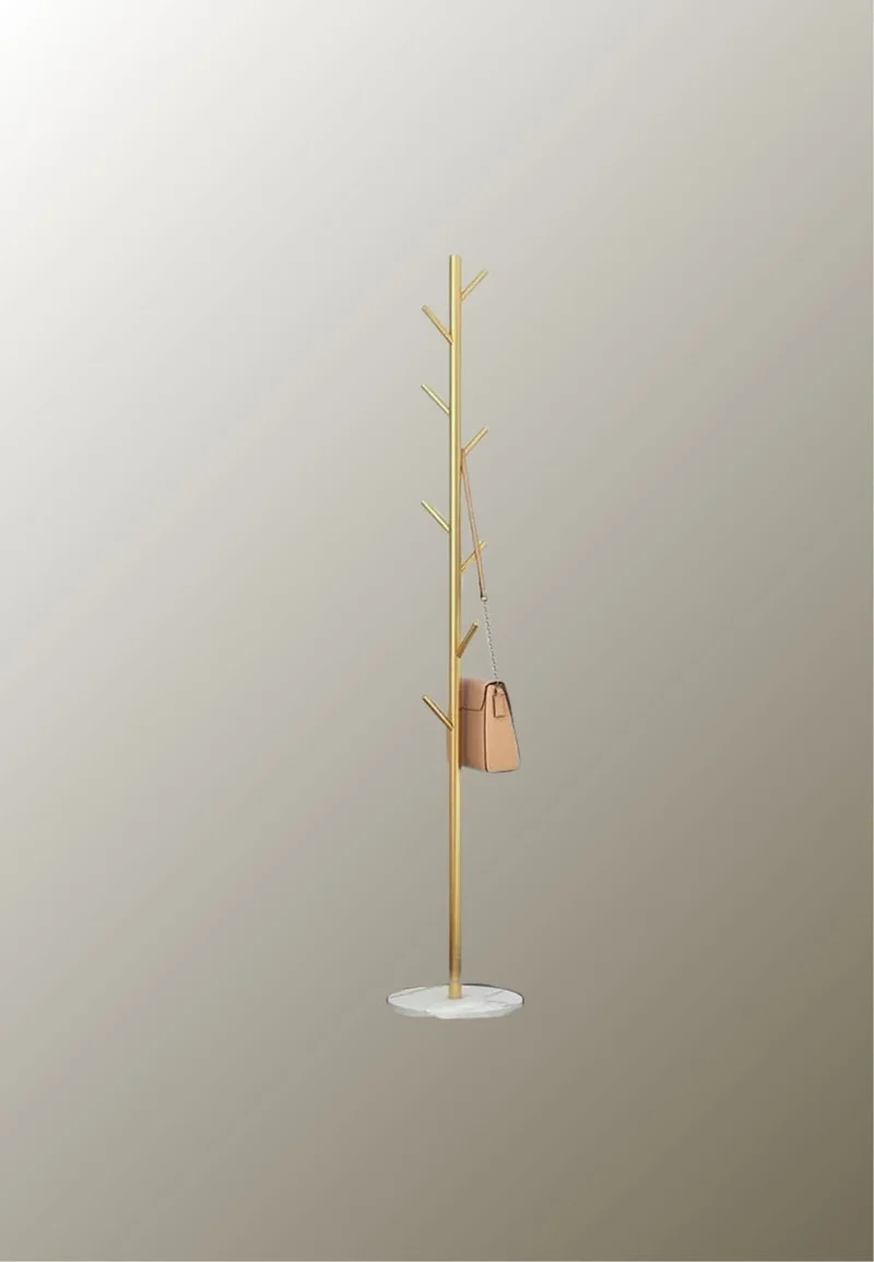 Porte manteau sur pied design arbre doré sur base blanche