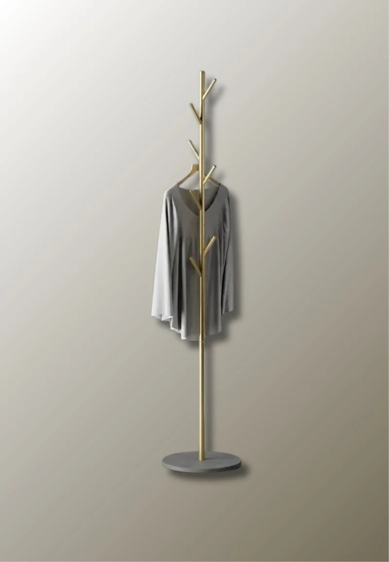 Porte manteau sur pied design arbre doré sur base grise