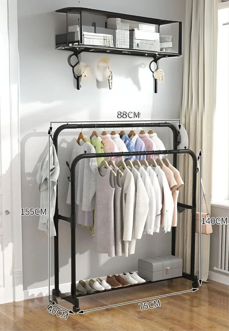 Meuble porte manteau chaussure double tringle unique étagère sur roulette