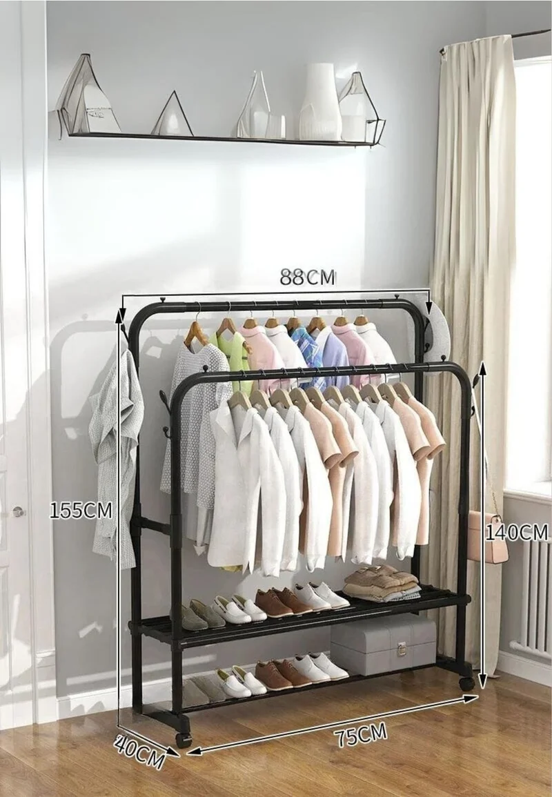 Meuble porte manteau chaussure double tringle double étagère sur roulette