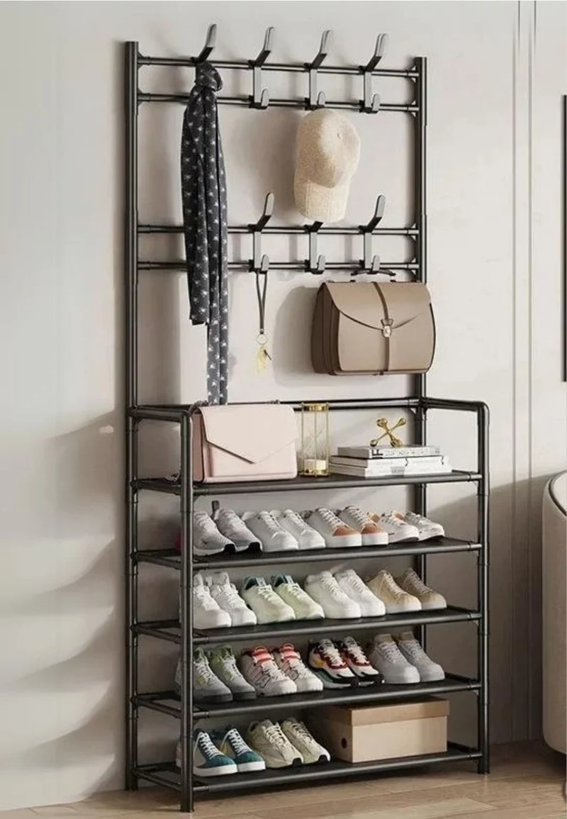 Meuble porte manteau chaussure 5 étagères pleines Noir