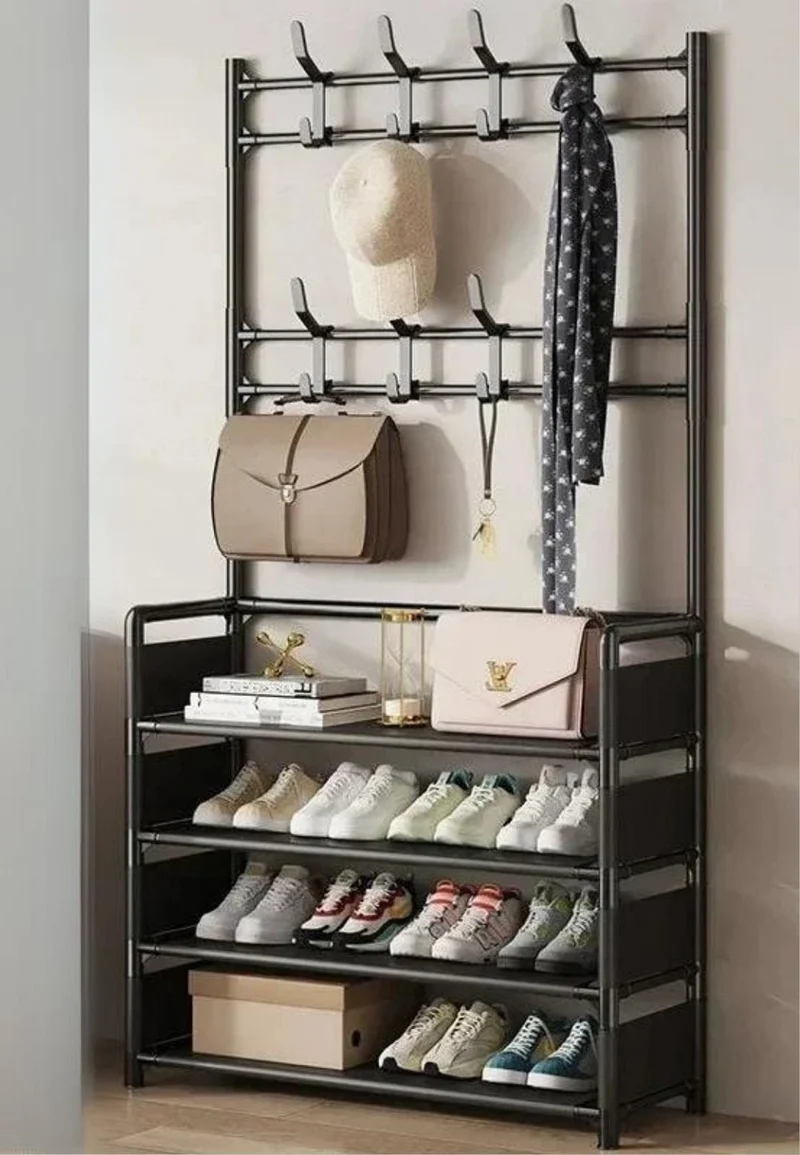 Meuble porte manteau chaussure 4 étagères creuses Noir