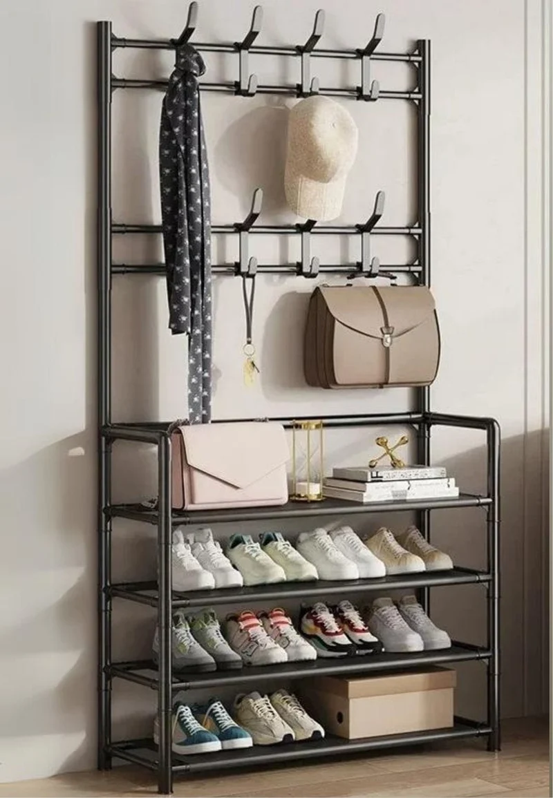 Meuble porte manteau chaussure 4 étagères pleines Noir