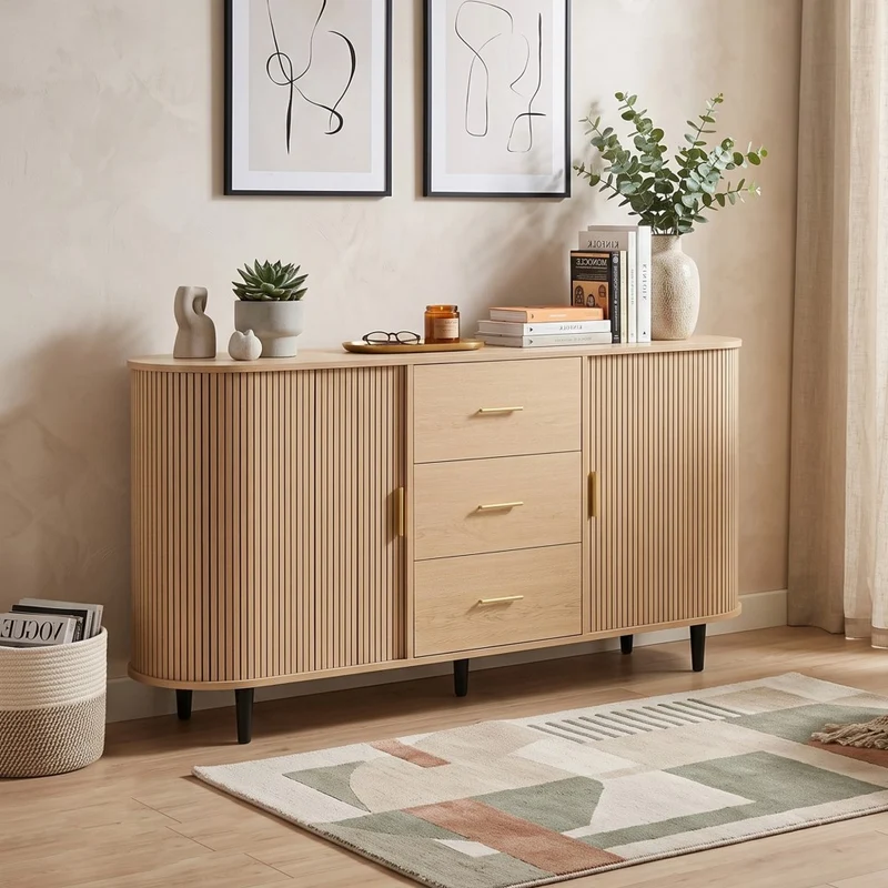 Buffet effet bois clair avec portes coulissantes 3 tiroirs, design arrondi à rainures verticales accents dorés MINIMALISTCONTAINERH