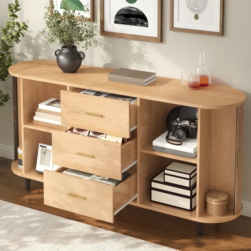 Buffet effet bois clair avec portes coulissantes 3 tiroirs, design arrondi à rainures verticales accents dorés MINIMALISTCONTAINERH