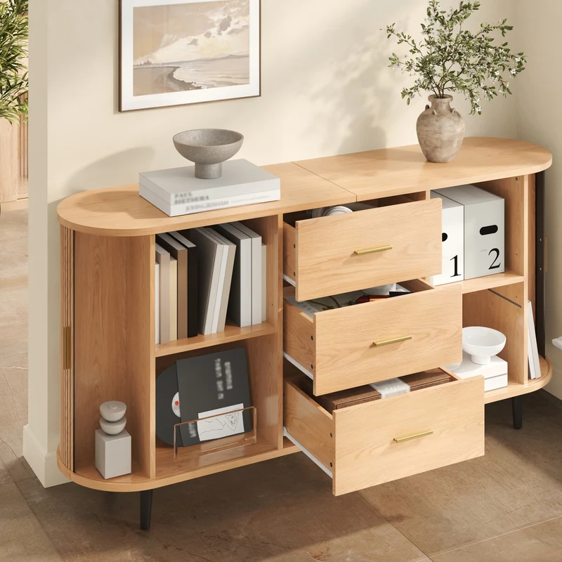 Buffet effet bois clair avec portes coulissantes 3 tiroirs, design arrondi à rainures verticales accents dorés MINIMALISTCONTAINERH