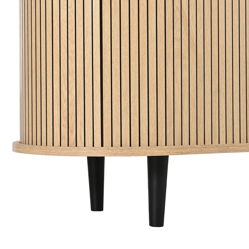 Buffet effet bois clair avec portes coulissantes 3 tiroirs, design arrondi à rainures verticales accents dorés MINIMALISTCONTAINERH