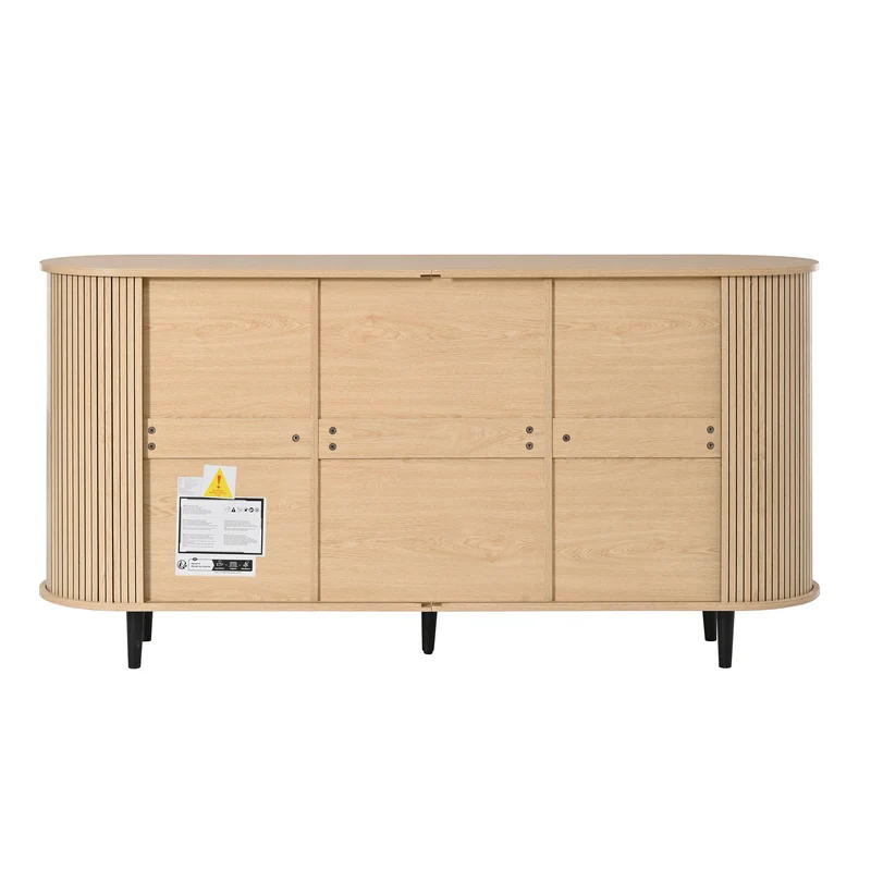 Buffet effet bois clair avec portes coulissantes 3 tiroirs, design arrondi à rainures verticales accents dorés MINIMALISTCONTAINERH