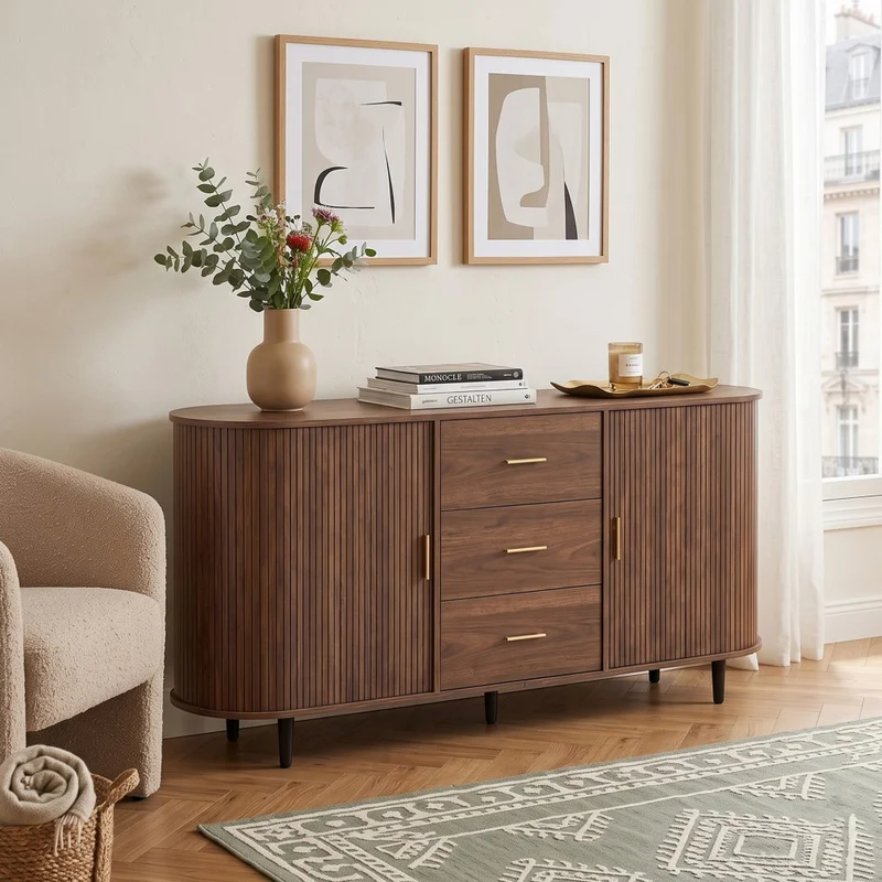 Buffet effet noyer avec portes coulissantes 3 tiroirs, design arrondi à rainures verticales accents dorés MINIMALISTCONTAINERA