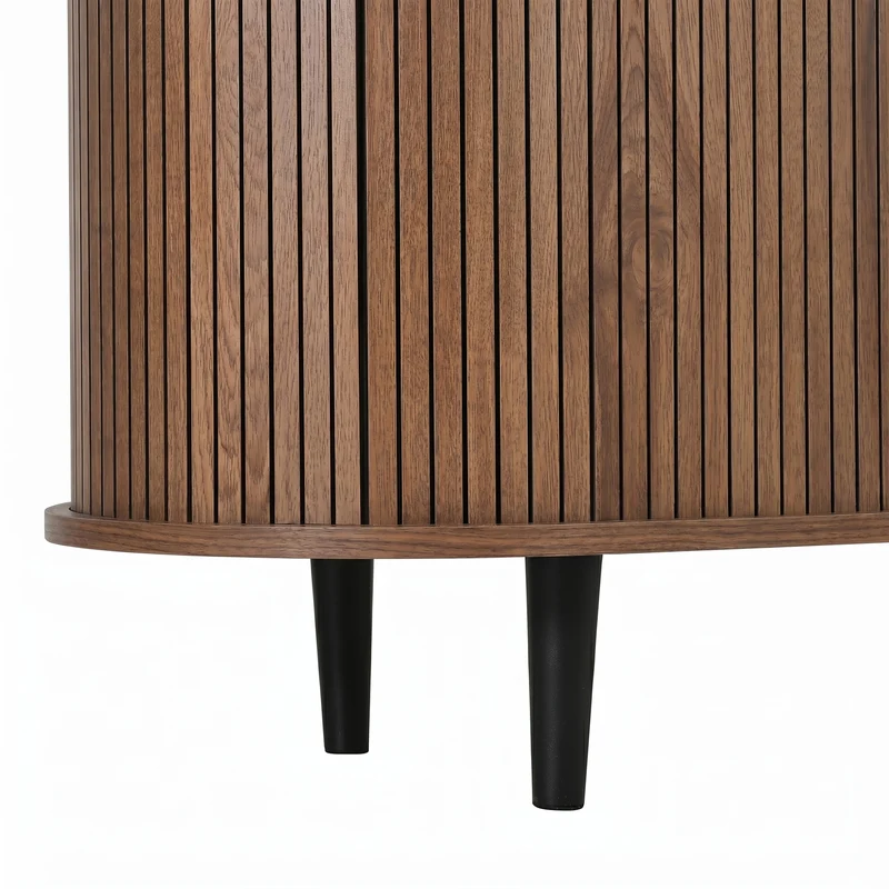 Buffet effet noyer avec portes coulissantes 3 tiroirs, design arrondi à rainures verticales accents dorés MINIMALISTCONTAINERA