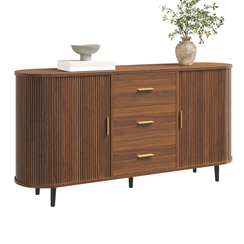 Buffet effet noyer avec portes coulissantes 3 tiroirs, design arrondi à rainures verticales accents dorés MINIMALISTCONTAINERA