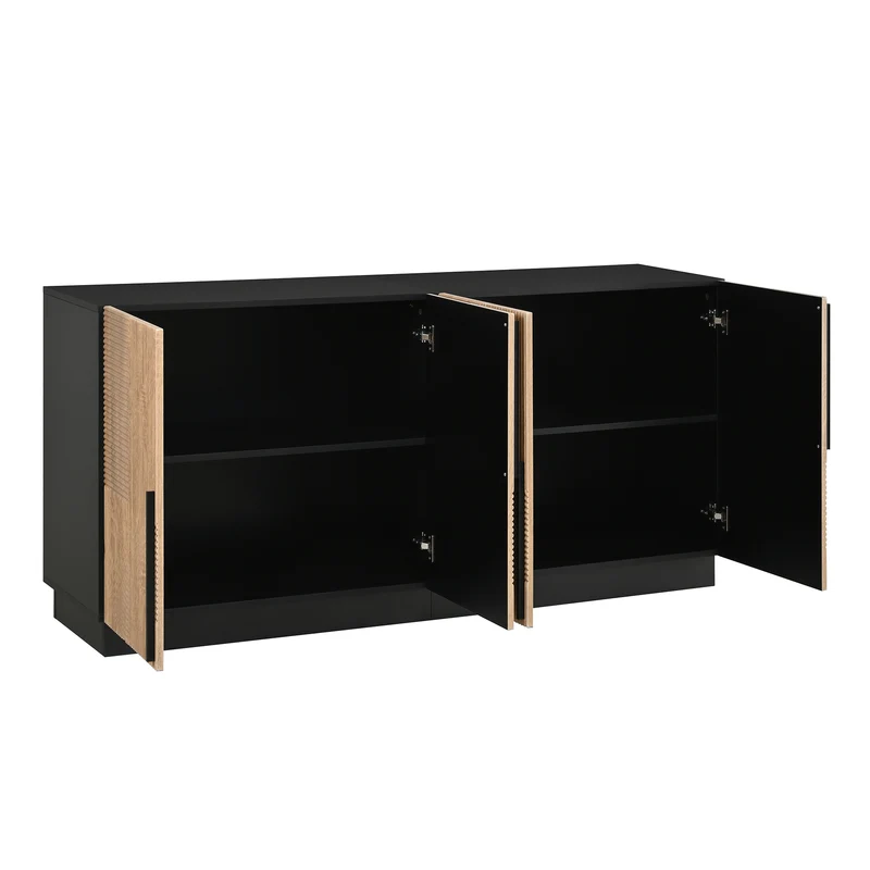 Buffet design effet bois naturel et noir avec 4 portes design lignes et arcs en relief FLEX STYLE