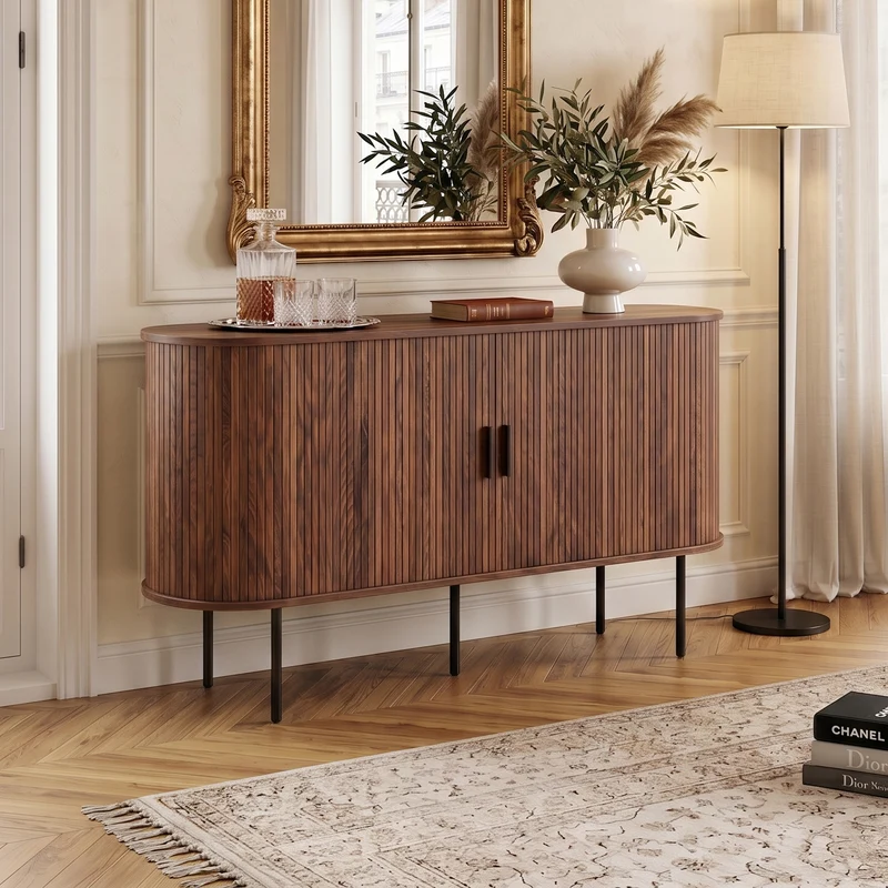 Buffet vintage effet noyer portes coulissantes à latte, poignées et pieds noir BIRCHROOM