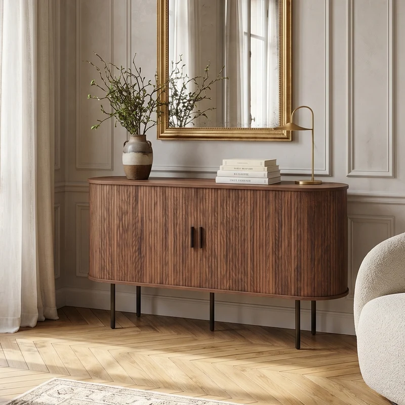 Buffet vintage effet noyer portes coulissantes à latte, poignées et pieds noir BIRCHROOM