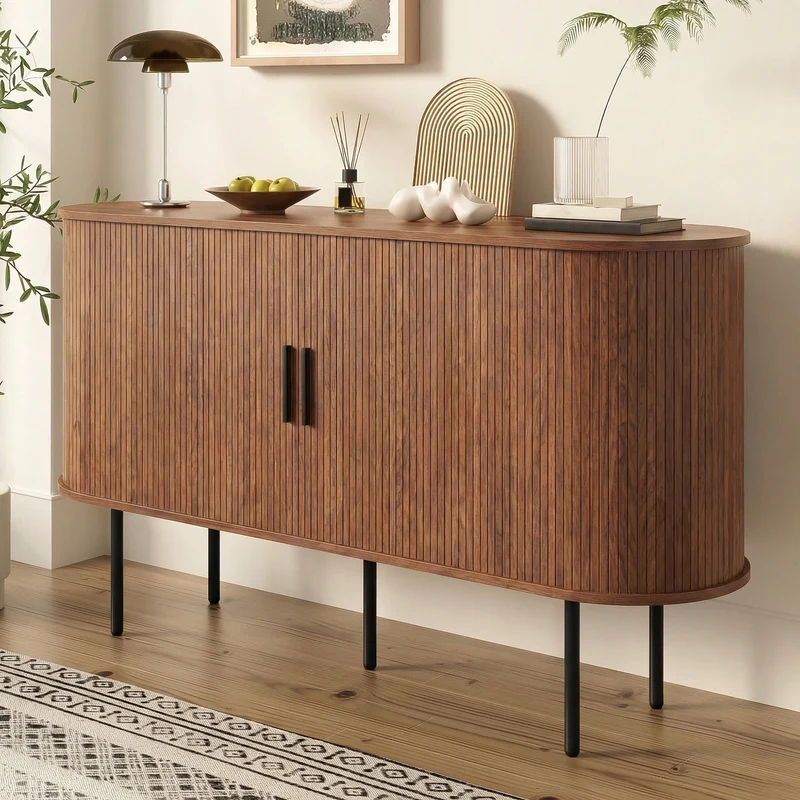 Buffet vintage effet noyer portes coulissantes à latte, poignées et pieds noir BIRCHROOM