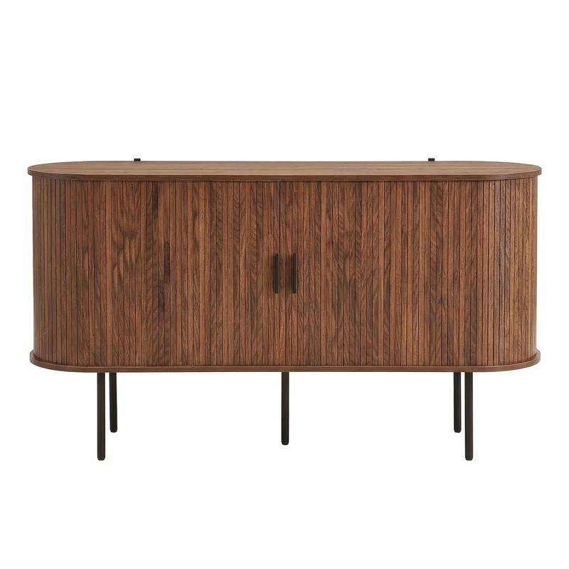 Buffet vintage effet noyer portes coulissantes à latte, poignées et pieds noir BIRCHROOM