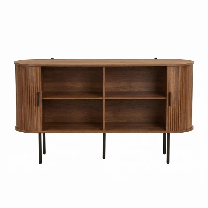 Buffet vintage effet noyer portes coulissantes à latte, poignées et pieds noir BIRCHROOM