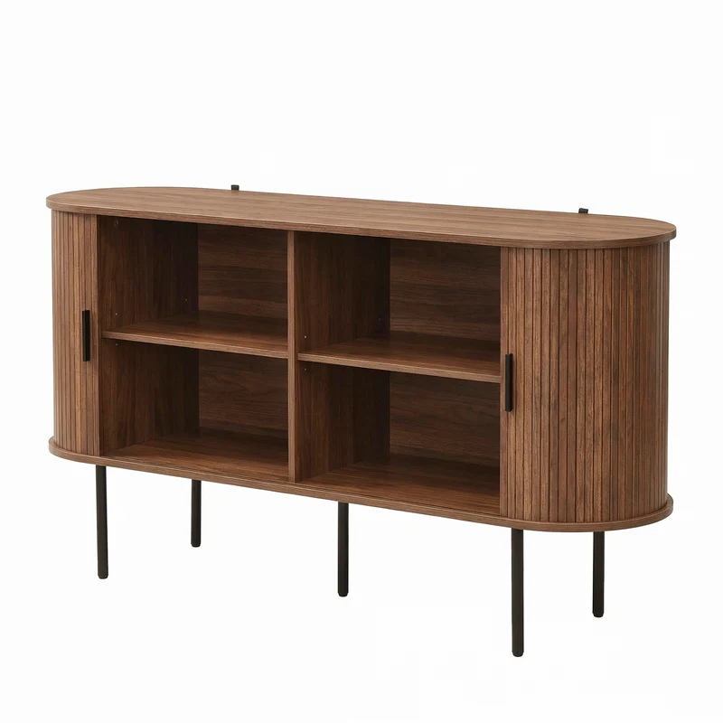 Buffet vintage effet noyer portes coulissantes à latte, poignées et pieds noir BIRCHROOM