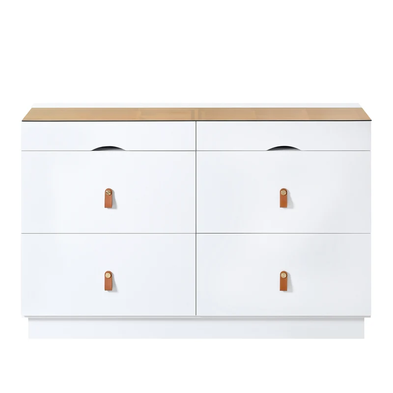 Buffet de chambre dressing blanc top vitré et poignées en cuir 120x40x78cm VERTEXKRYNNOR