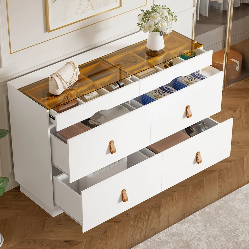 Buffet de chambre dressing blanc top vitré et poignées en cuir 120x40x78cm VERTEXKRYNNOR