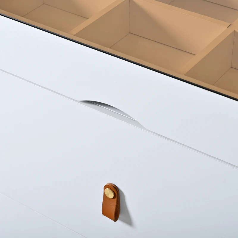 Buffet de chambre dressing blanc top vitré et poignées en cuir 120x40x78cm VERTEXKRYNNOR