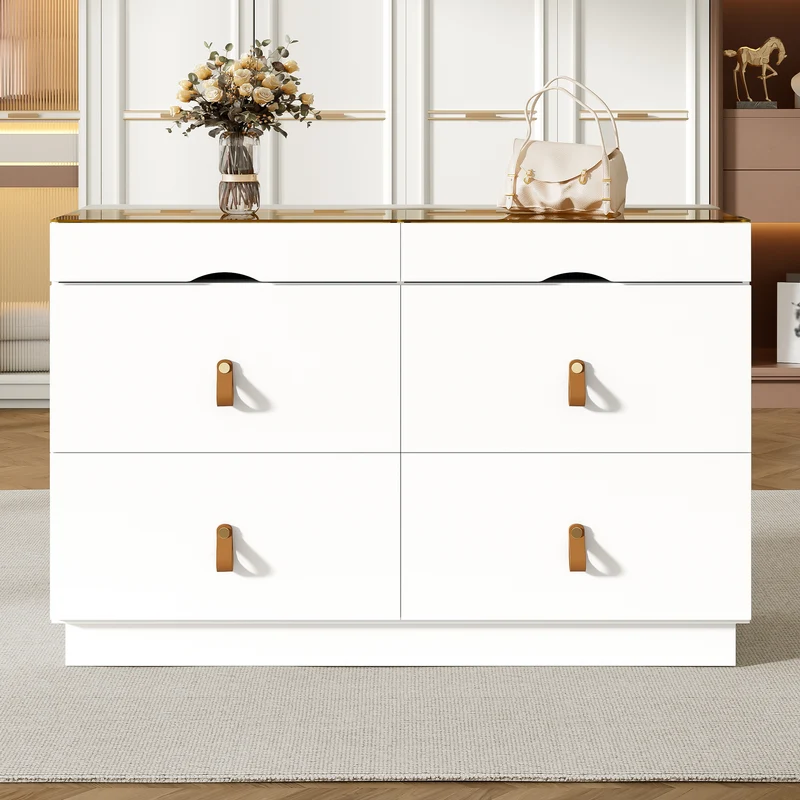 Buffet de chambre dressing blanc top vitré et poignées en cuir 120x40x78cm VERTEXKRYNNOR