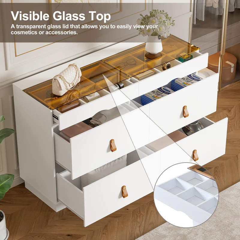 Buffet de chambre dressing blanc top vitré et poignées en cuir 120x40x78cm VERTEXKRYNNOR