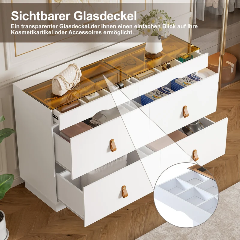 Buffet de chambre dressing blanc top vitré et poignées en cuir 120x40x78cm VERTEXKRYNNOR