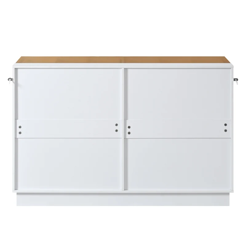 Buffet de chambre dressing blanc top vitré et poignées en cuir 120x40x78cm VERTEXKRYNNOR