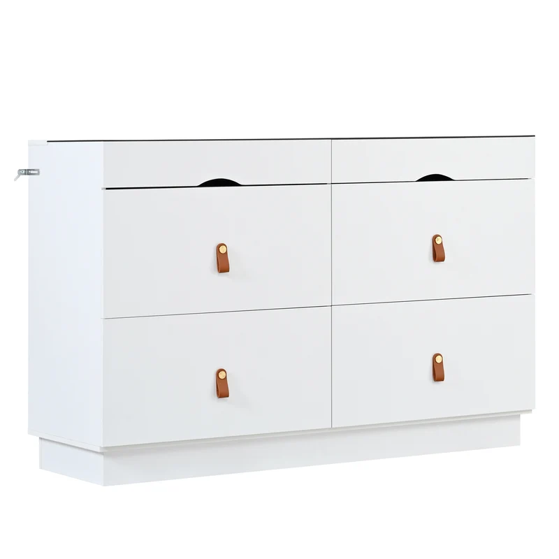 Buffet de chambre dressing blanc top vitré et poignées en cuir 120x40x78cm VERTEXKRYNNOR