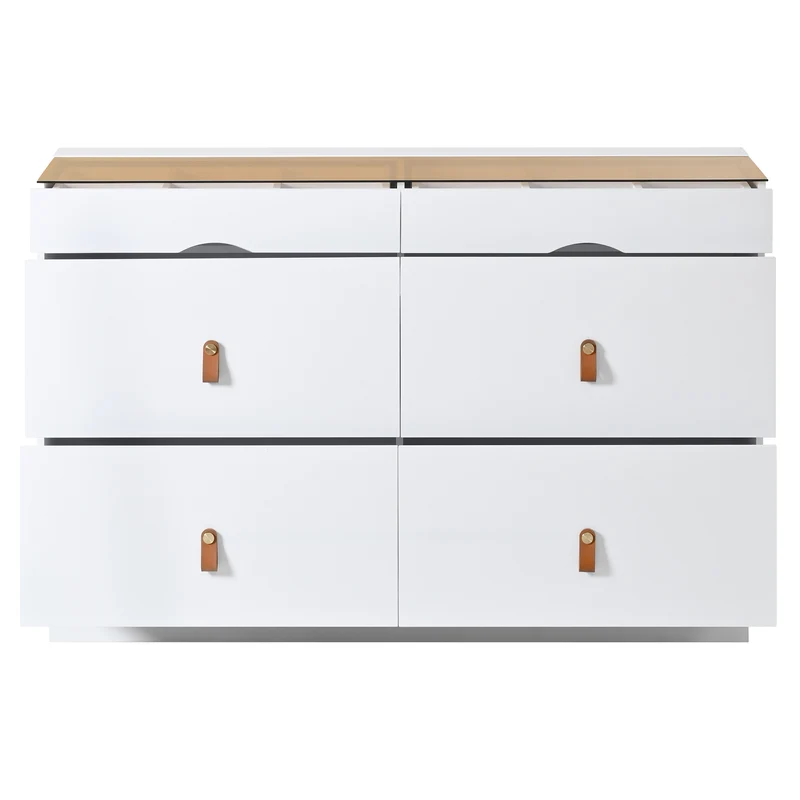Buffet de chambre dressing blanc top vitré et poignées en cuir 120x40x78cm VERTEXKRYNNOR