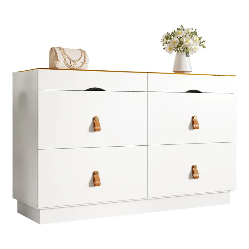 Buffet de chambre dressing blanc top vitré et poignées en cuir 120x40x78cm VERTEXKRYNNOR