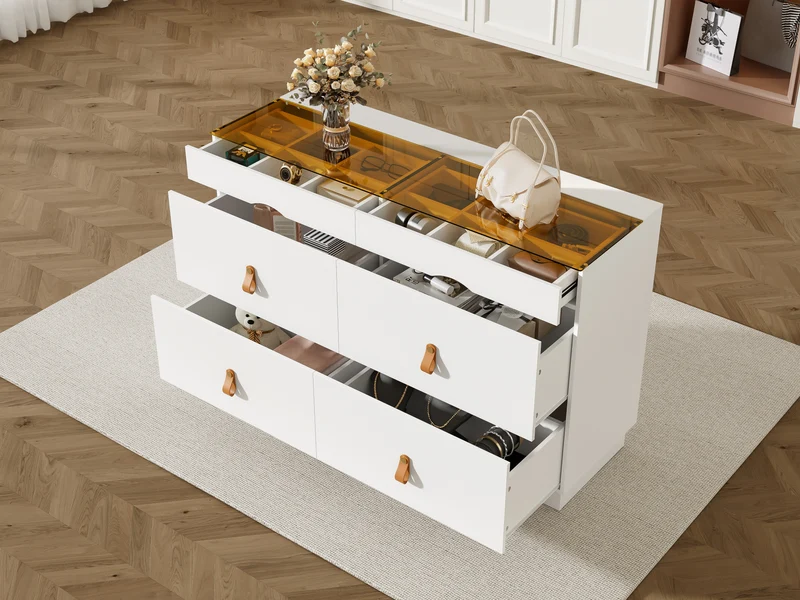 Buffet de chambre dressing blanc top vitré et poignées en cuir 120x40x78cm VERTEXKRYNNOR