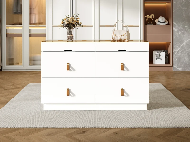 Buffet de chambre dressing blanc top vitré et poignées en cuir 120x40x78cm VERTEXKRYNNOR