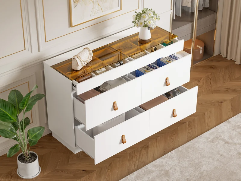 Buffet de chambre dressing blanc top vitré et poignées en cuir 120x40x78cm VERTEXKRYNNOR