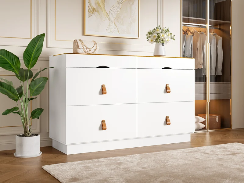 Buffet de chambre dressing blanc top vitré et poignées en cuir 120x40x78cm VERTEXKRYNNOR