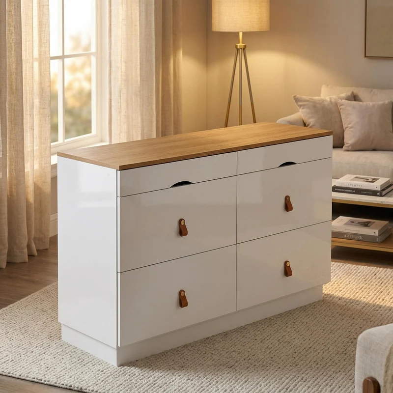 Buffet de chambre dressing blanc top vitré et poignées en cuir 120x40x78cm VERTEXKRYNNOR