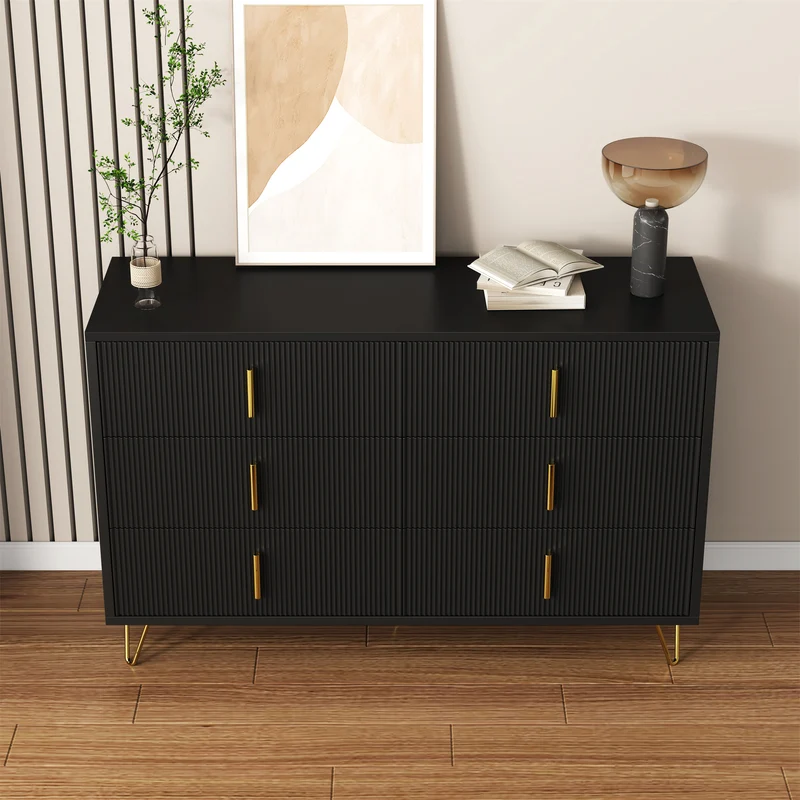 Buffet moderne noir orné de rayures élégantes 6 tiroirs poignées dorés 120x40x77cm THRAAVRAX