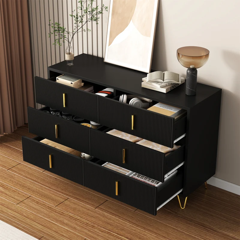 Buffet moderne noir orné de rayures élégantes 6 tiroirs poignées dorés 120x40x77cm THRAAVRAX