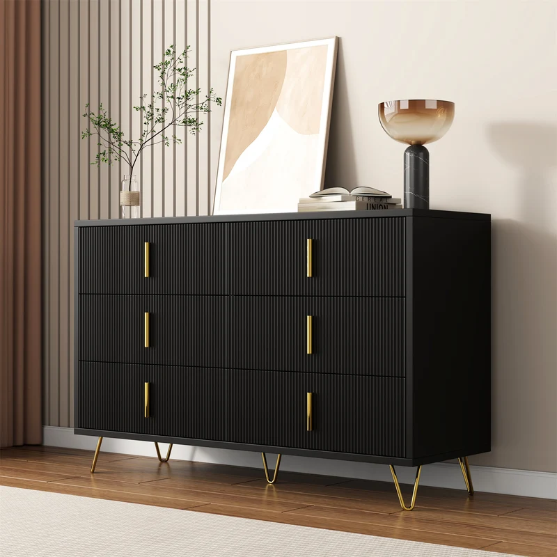 Buffet moderne noir orné de rayures élégantes 6 tiroirs poignées dorés 120x40x77cm THRAAVRAX