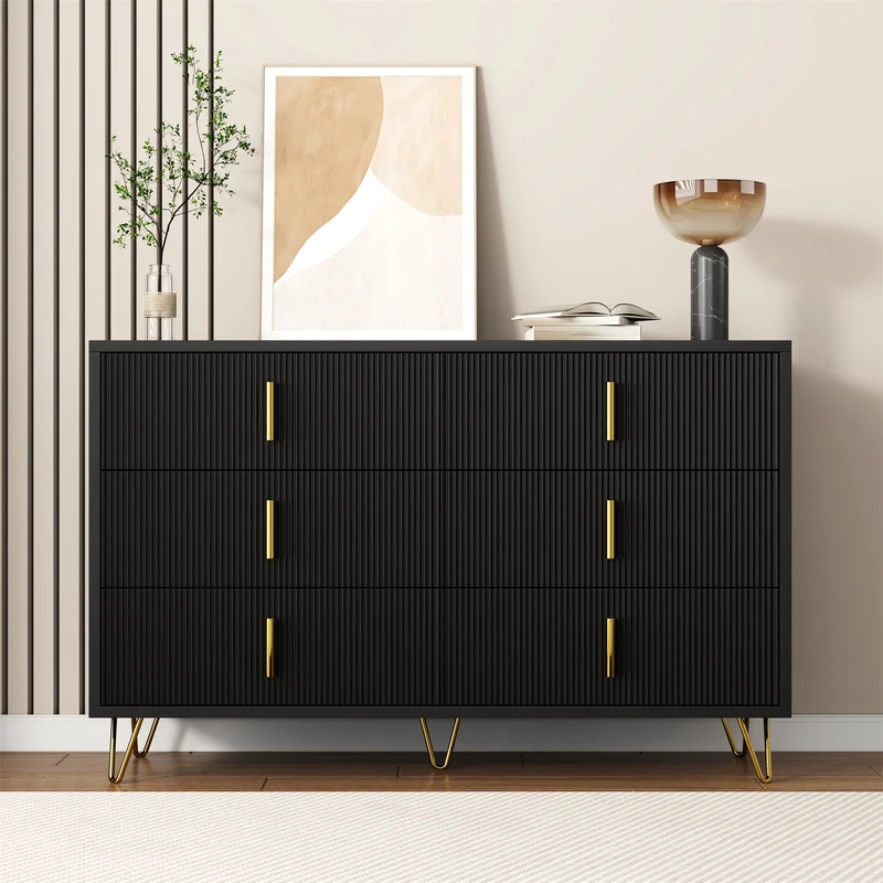 Buffet moderne noir orné de rayures élégantes 6 tiroirs poignées dorés 120x40x77cm THRAAVRAX