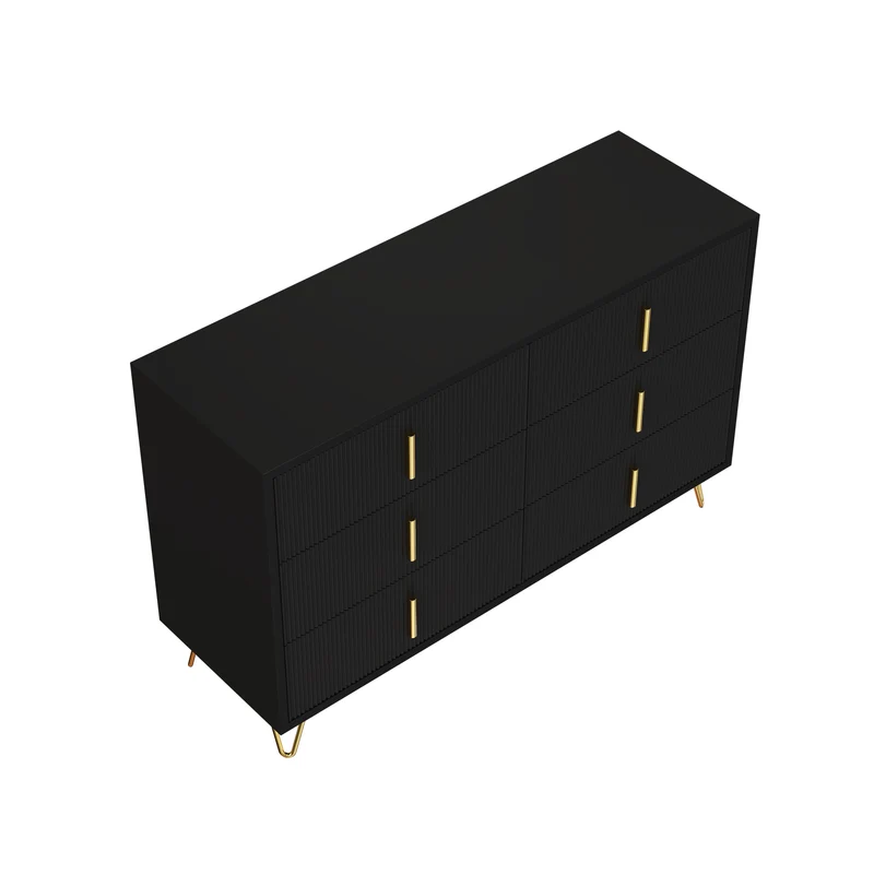 Buffet moderne noir orné de rayures élégantes 6 tiroirs poignées dorés 120x40x77cm THRAAVRAX