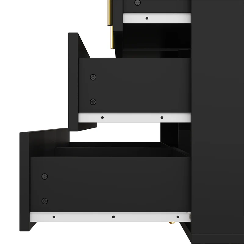 Buffet moderne noir orné de rayures élégantes 6 tiroirs poignées dorés 120x40x77cm THRAAVRAX