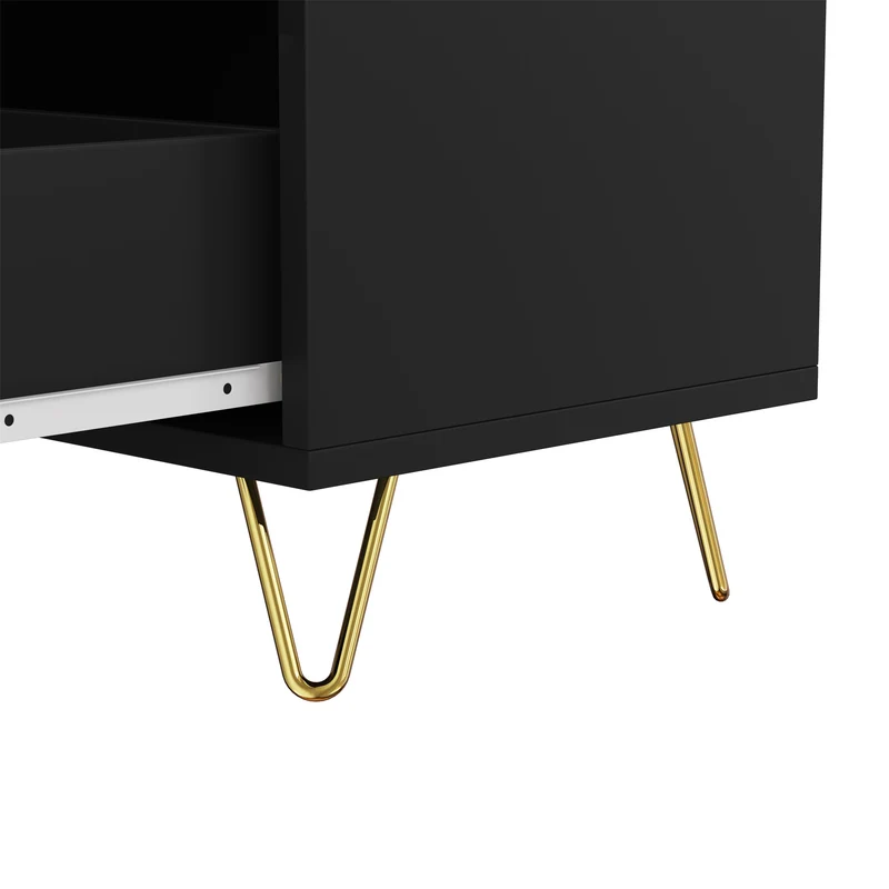 Buffet moderne noir orné de rayures élégantes 6 tiroirs poignées dorés 120x40x77cm THRAAVRAX