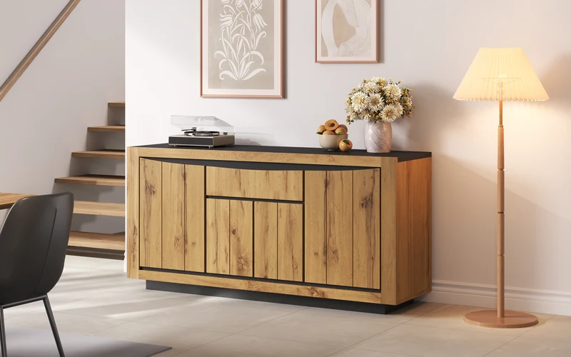 Buffet effet bois et noir 4 portes 1 tiroir 140x38,5x52cm ELEMENTLA